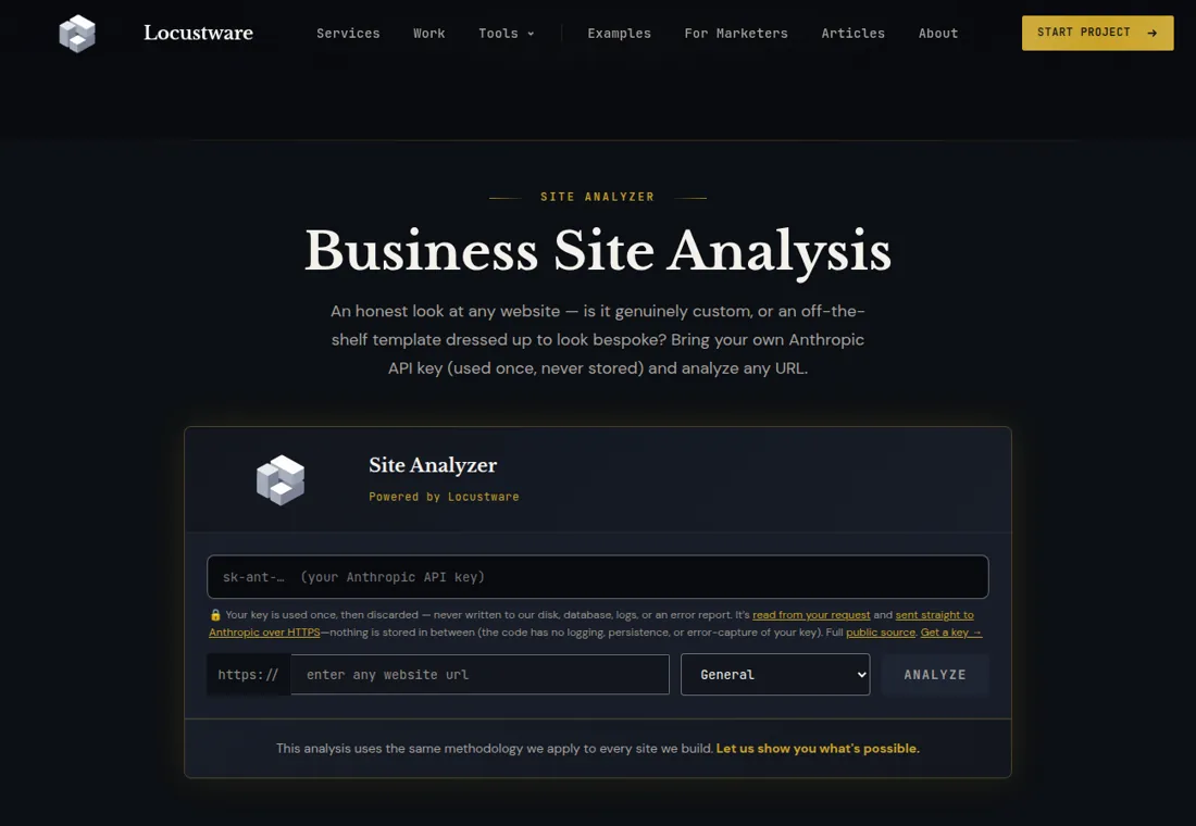 The Custom Authentic live tool — a form where you enter a URL for an honest custom-vs-template site assessment.