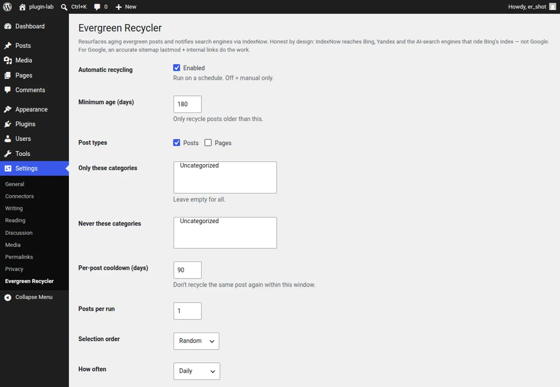 The Evergreen Recycler settings screen in the WordPress admin, configuring how stale posts are honestly resurfaced.