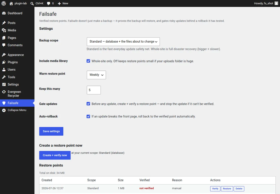 The Failsafe WordPress admin showing backup-scope settings and a list of verified restore points.