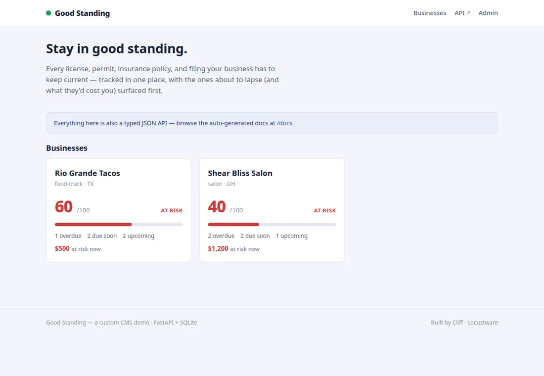 The Good Standing dashboard showing two businesses with compliance-health scores and the dollar exposure of what is about to lapse.