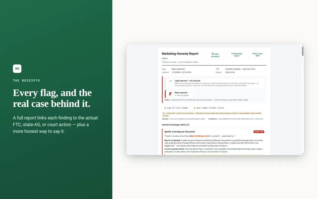 HonestSiteAudit's report, listing each flagged marketing claim beside the real FTC enforcement case behind it.