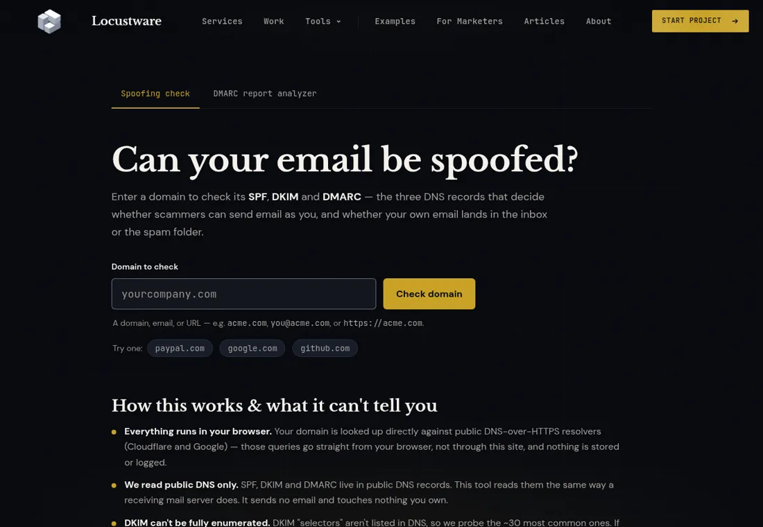The MailCheckr live tool asking "Can your email be spoofed?", with a domain input for an SPF, DKIM and DMARC check.