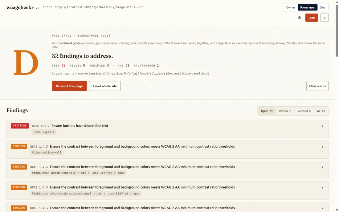 WCAGcheckr's audit view — an overall accessibility grade with 32 findings, each mapped to its WCAG criterion.