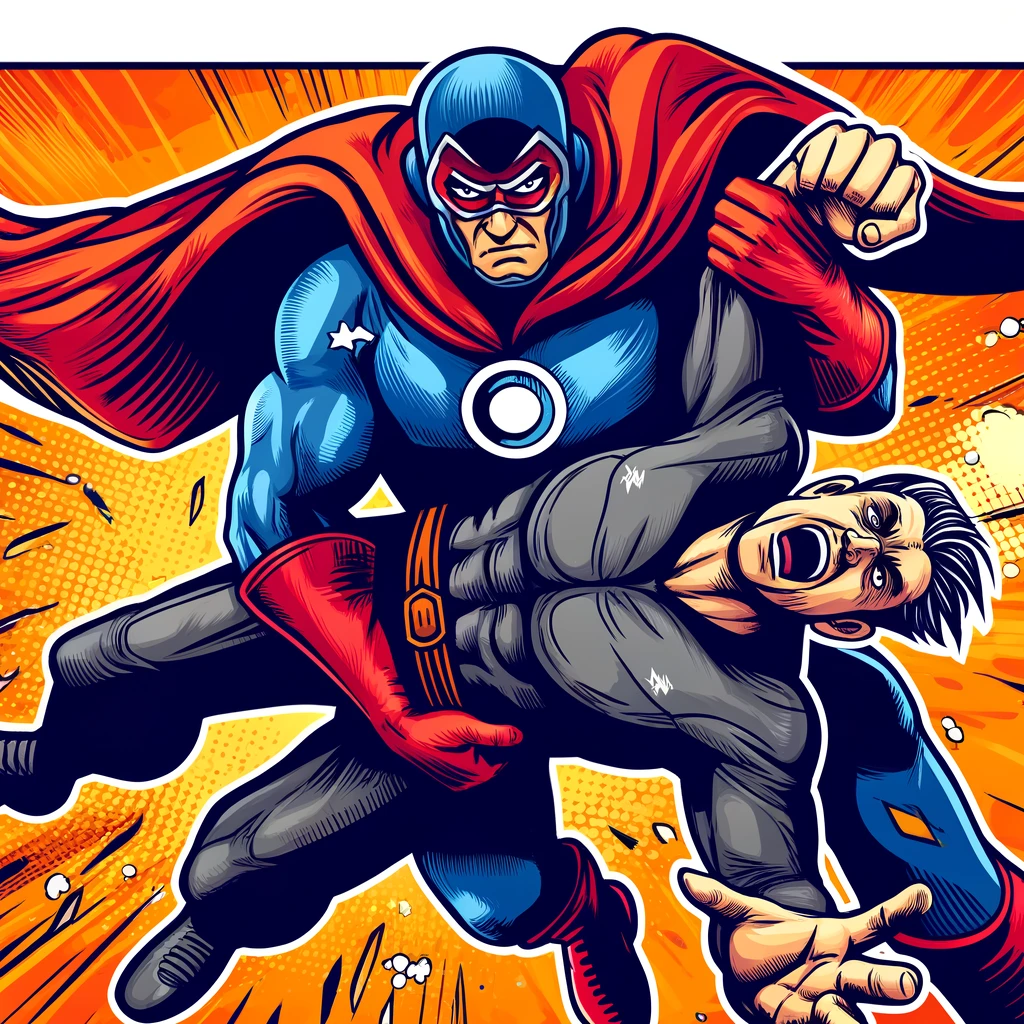 Superhero holding villain